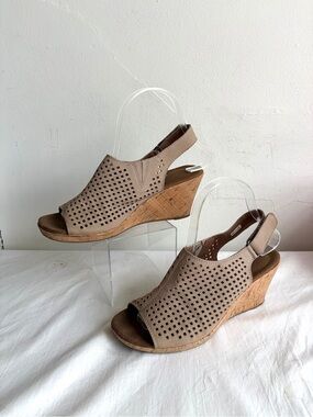 Rockport Briah Taupe Perforated Slingback Cork Wedge Sandals